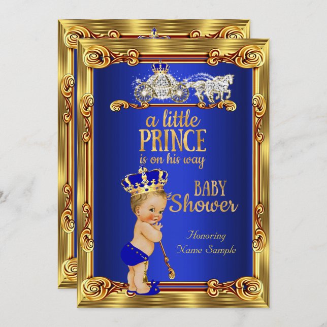 Invitation Prince Baby shower Royal Blue Gold Carriage Blond (Devant / Derrière)