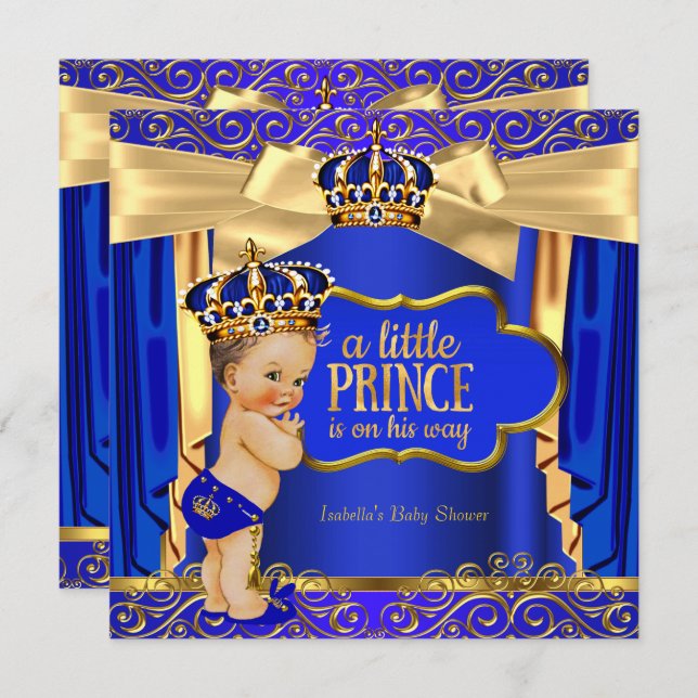 Invitation Prince Baby shower Royal Blue Gold Draps Brunette (Devant / Derrière)