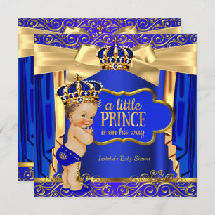Invitation Prince Baby shower Royal Blue Gold Draps Brunette