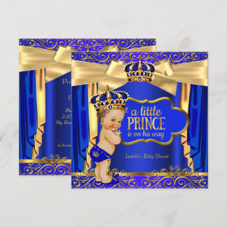 Invitation Prince Baby shower Royal Blue Gold Draps Brunette
