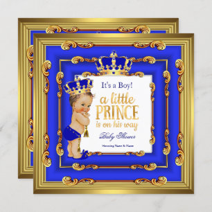 Invitation Prince Baby shower Royal Blue Gold Frame Brunette