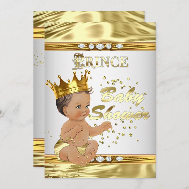 Invitation Prince Baby shower White Gold Foil Brunette (Devant / Derrière)