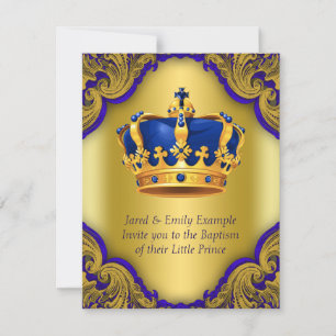 Invitation Prince Baptême Couronne Royale Bleue et Or Garçon