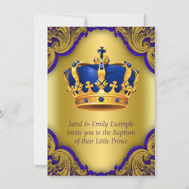 Invitation Prince Baptême Couronne Royale Bleue et Or Garçon (Devant)