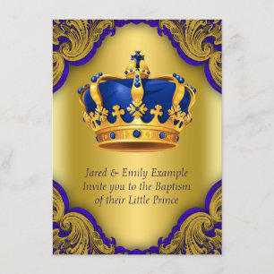 Invitation Prince Baptême Couronne Royale Bleue et Or Garçon