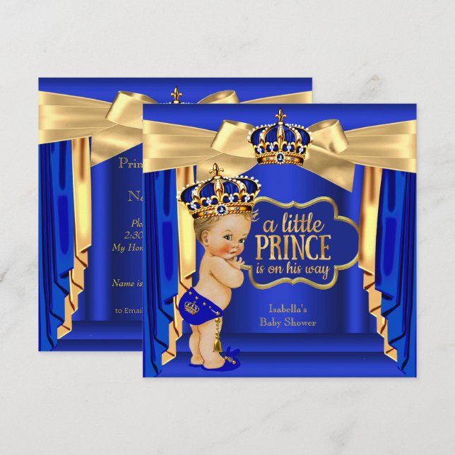 Invitation Prince Bébé Bleu Royal Shower de Naissance Couronn (Devant / Derrière)
