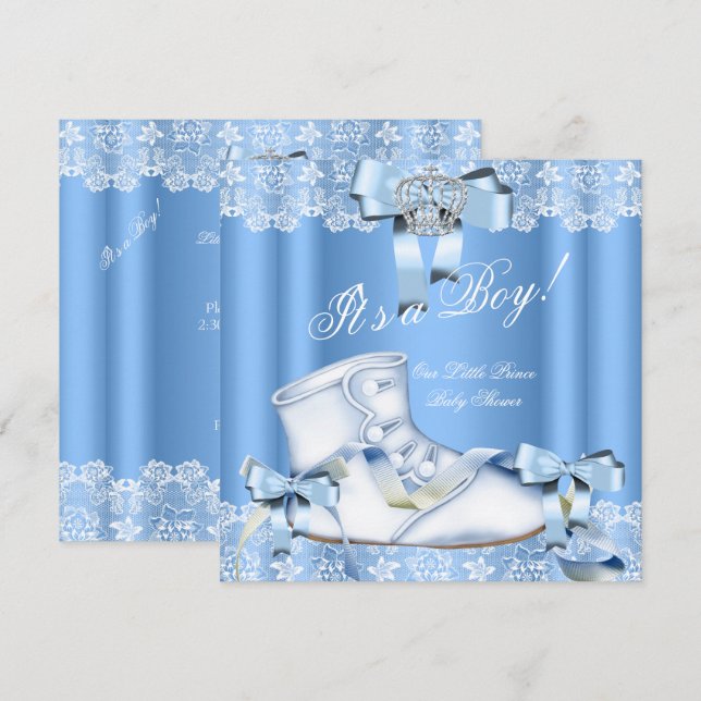 Invitation Prince Bébé Shower Bébé Garçon Bleu Lacet Chaussur (Devant / Derrière)