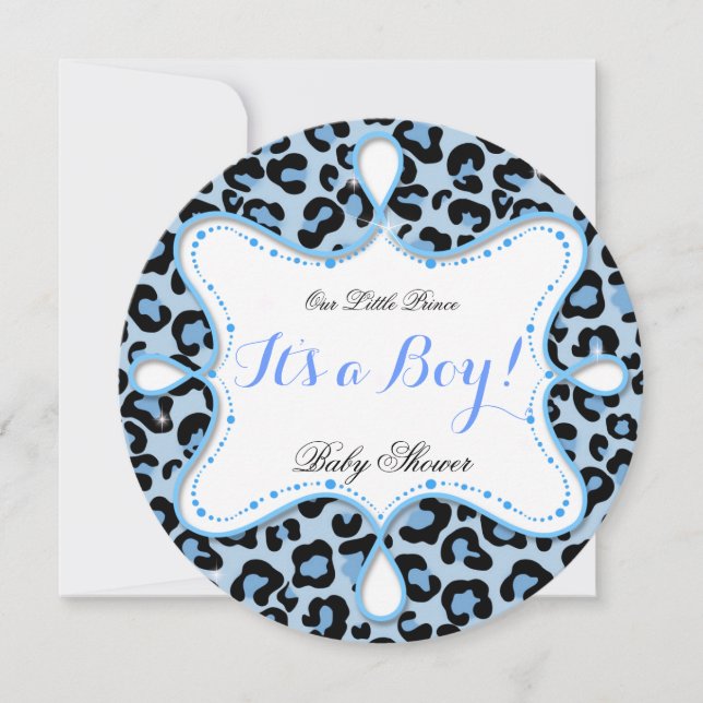 Invitation Prince Bébé Shower Garçon Bleu Léopard (Devant)