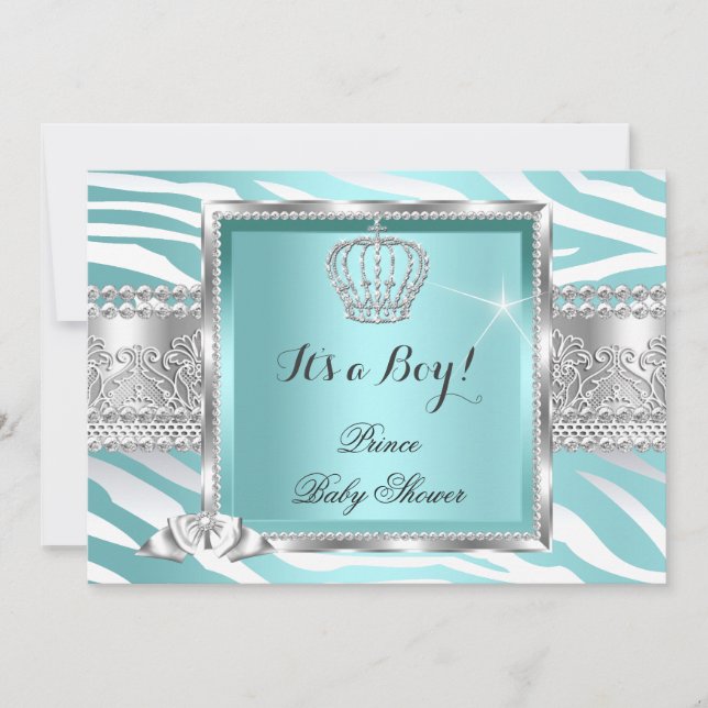 Invitation Prince Bébé Shower Garçon Bleu Menthe Zèbre (Devant)