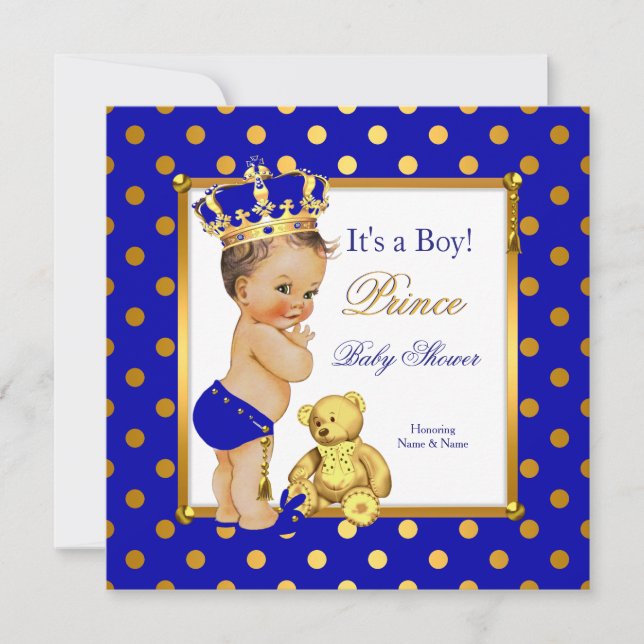 Invitation Prince Bébé Shower Garçon Bleu Royal Or Brunette (Devant)