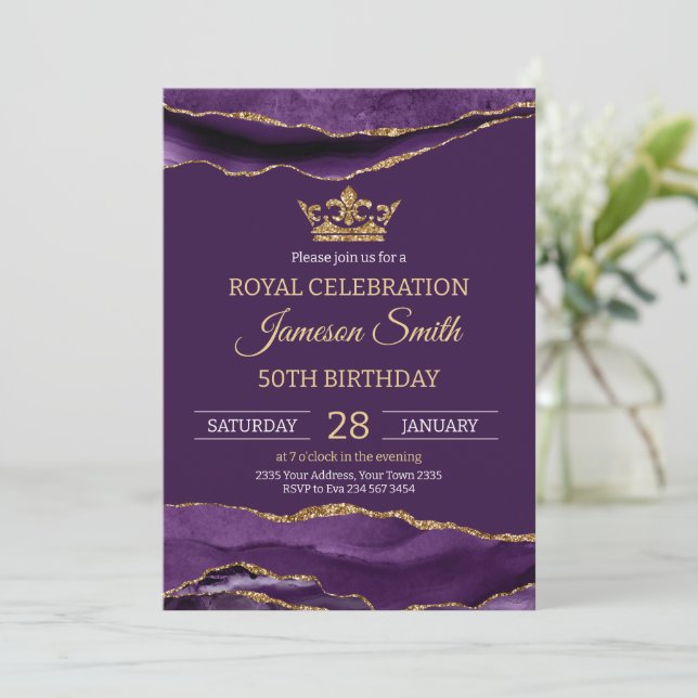 Invitation Prince Birthday Royal Purple Gold (Debout devant)