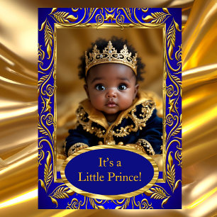 Invitation Prince Bleu Royal Or Garçon Baby Shower Ethnique