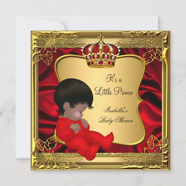 Invitation Prince Boy Baby shower African American Red Gold (Devant)