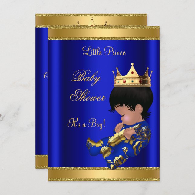 Invitation Prince Boy Baby shower Bleu 2 Africain Américain (Devant / Derrière)