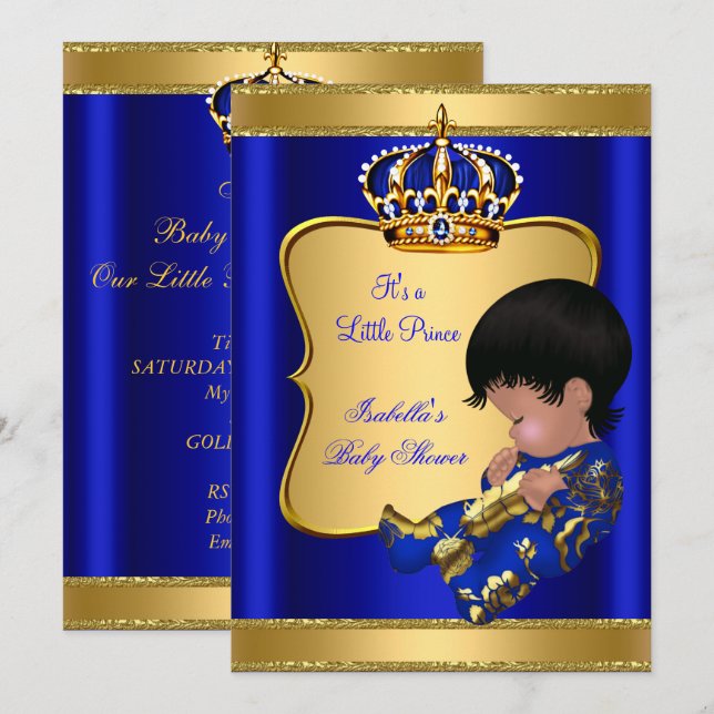 Invitation Prince Boy Baby shower Bleu Africain Américain (Devant / Derrière)
