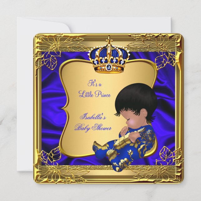 Invitation Prince Boy Baby shower Blue African American Gold (Devant)