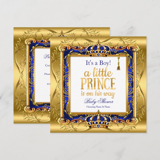 Invitation Prince Boy Baby shower Blue Ornate Gold (Devant / Derrière)
