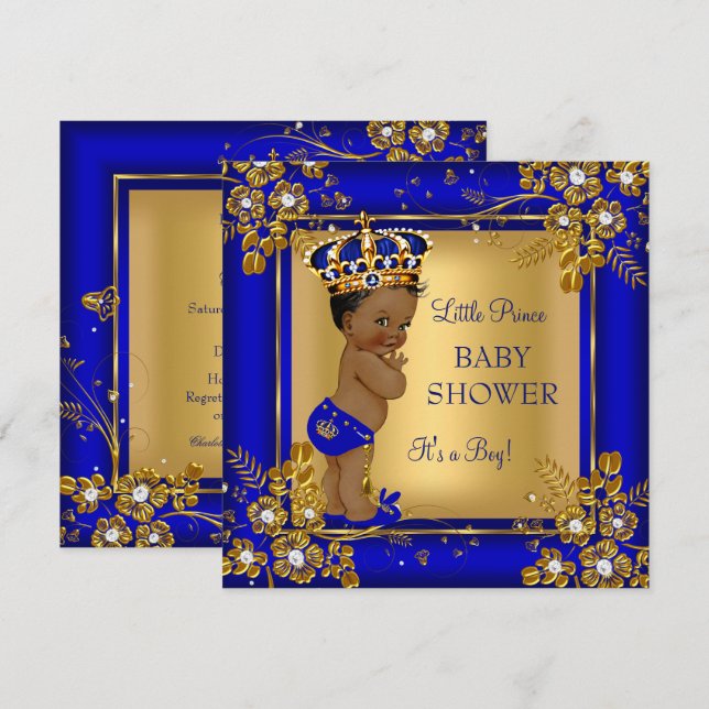 Invitation Prince Boy Baby shower Gold Blue Afro-Américain (Devant / Derrière)