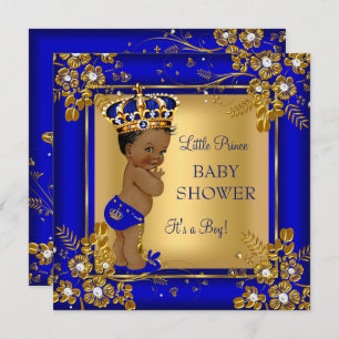 Invitation Prince Boy Baby shower Gold Blue Afro-Américain
