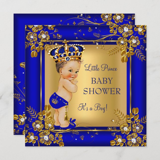 Invitation Prince Boy Baby shower Gold Blue Brunette (Devant / Derrière)
