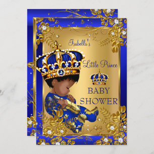Invitation Prince Boy Baby shower Gold Blue Crown Ethnic