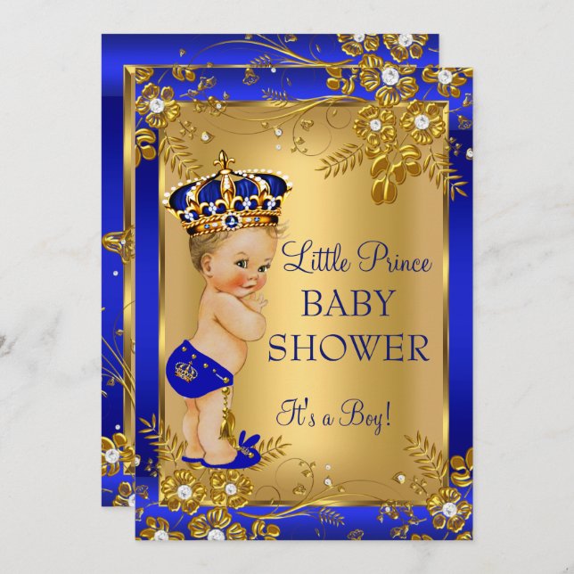Invitation Prince Boy Baby shower Gold Blue Floral Blonde (Devant / Derrière)