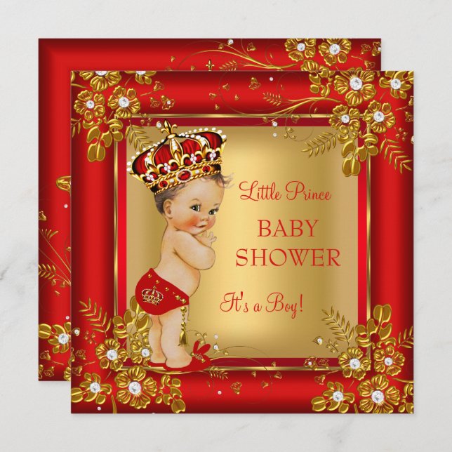Invitation Prince Boy Baby shower Gold Red Brunette (Devant / Derrière)