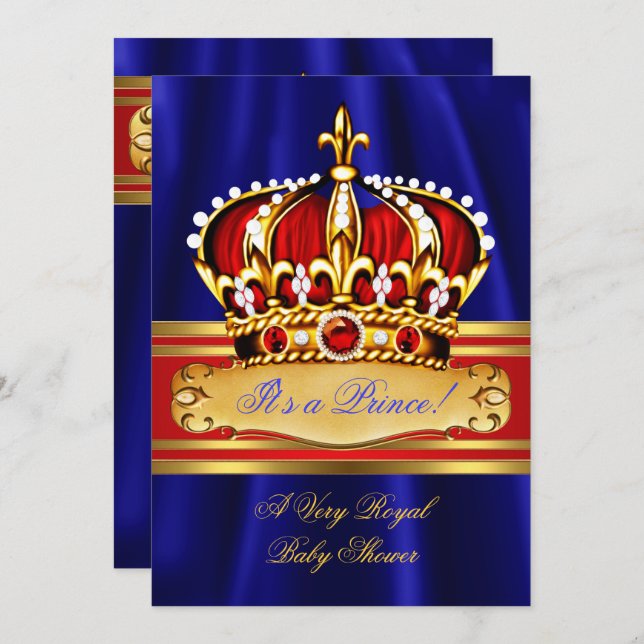 Invitation Prince Boy Baby shower Red Royal Blue Gold Crown (Devant / Derrière)
