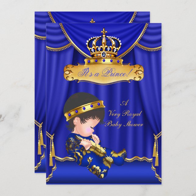 Invitation Prince Boy Baby shower Royal Blue Drapes Brunette (Devant / Derrière)