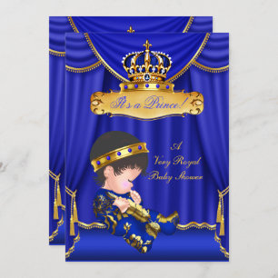 Invitation Prince Boy Baby shower Royal Blue Drapes Brunette