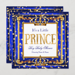 Invitation Prince Boy Baby shower Royal Blue Gold Bokeh