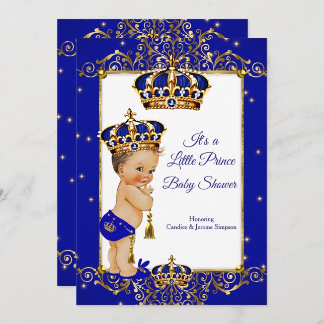 Invitation Prince Boy Baby shower Royal Blue Gold Brunette (Devant / Derrière)