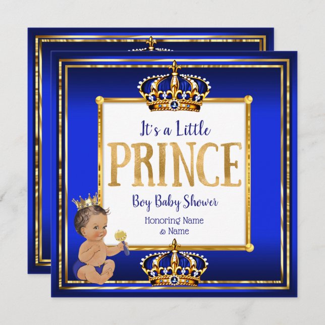 Invitation Prince Boy Baby shower Royal Blue Gold Brunette DK (Devant / Derrière)