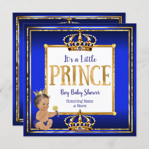 Invitation Prince Boy Baby shower Royal Blue Gold Brunette DK