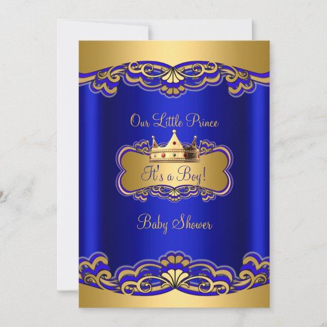 Invitation Prince Boy Baby shower Royal Blue Gold Crown (Devant)