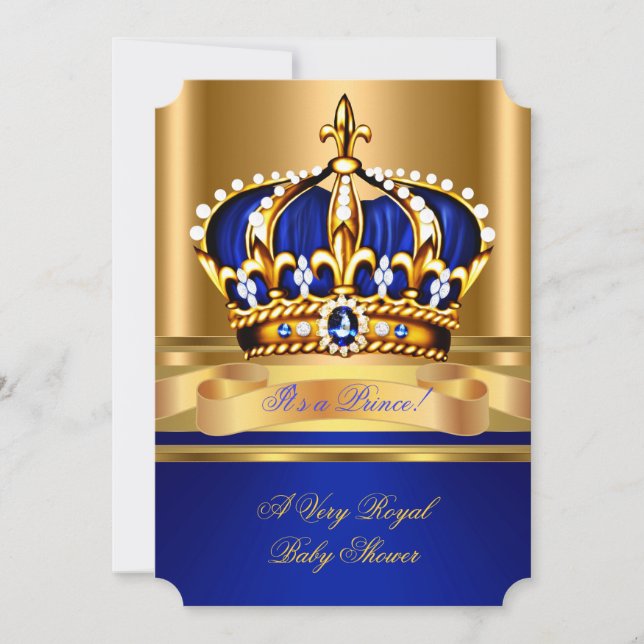 Invitation Prince Boy Baby shower Royal Blue Gold Crown 2 (Devant)