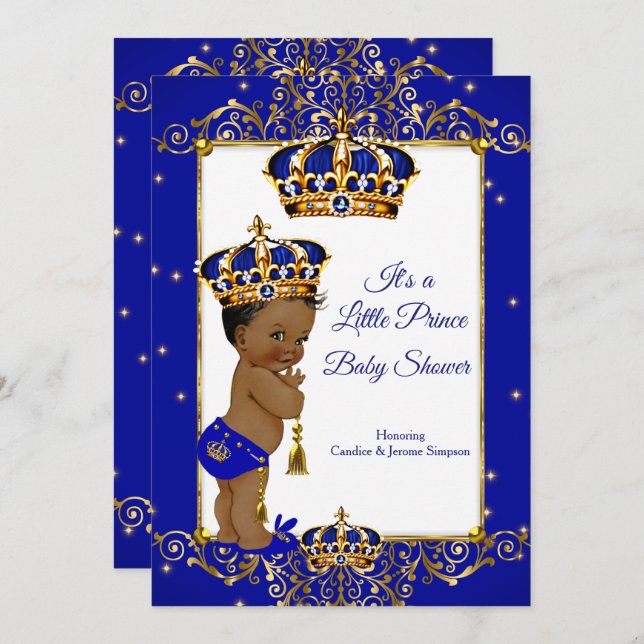 Invitation Prince Boy Baby shower Royal Blue Gold Ethnic (Devant / Derrière)