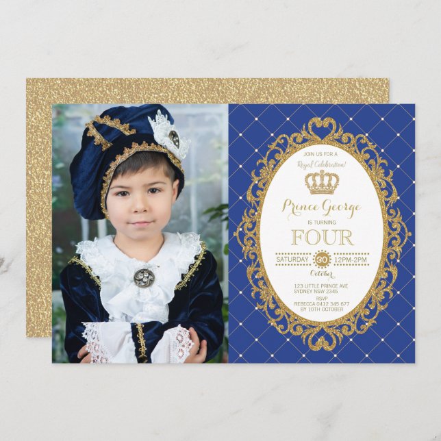 Invitation Prince branché Anniversaire Royal Blue Gold Party  (Devant / Derrière)