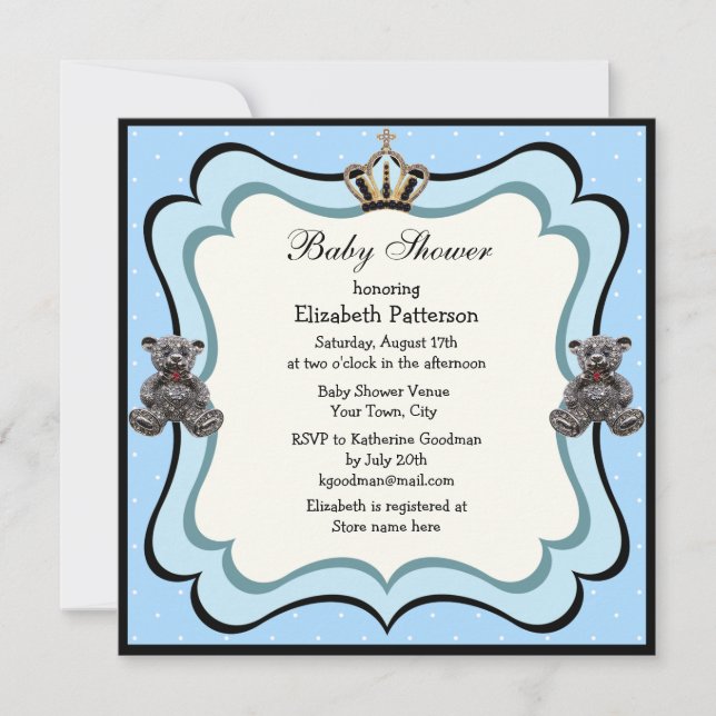Invitation Prince Crown & Teddy Bear Jewels Boy Baby shower (Devant)