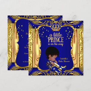 Invitation Prince Élégant Baby Shower Bleu Or Ethnique