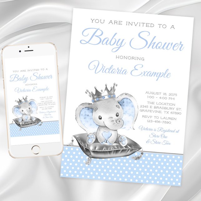 Invitation Prince éléphant garçon Baby Shower éléphant (Boy Elephant Baby Shower Invitation. Instant download and printed invitations available.)