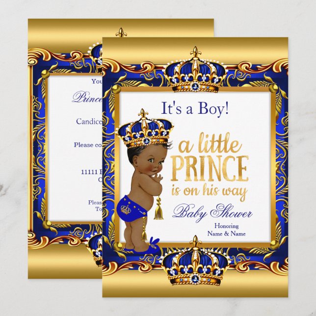 Invitation Prince Ethnique Fête de Naissance Bleu Orné Or (Devant / Derrière)