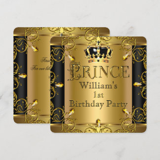 Invitation Prince Garçon 1er Anniversaire Couronne noire Or 2