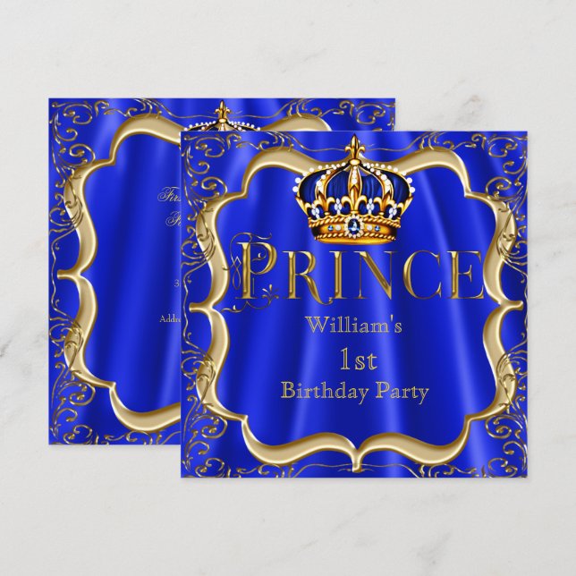 Invitation Prince Garçon 1er Anniversaire Couronne Royale Ble (Devant / Derrière)