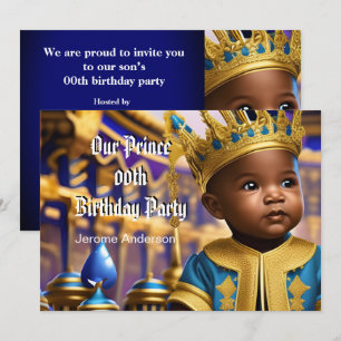 Invitation Prince Garçon Anniversaire Bleu Or Afro-Américain