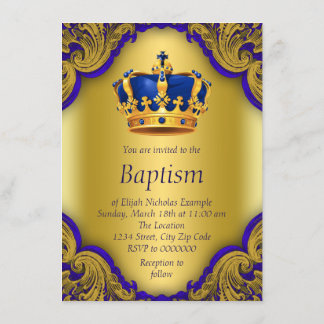 Invitation Prince Garçon Baptême Couronne Royale Bleue et Or