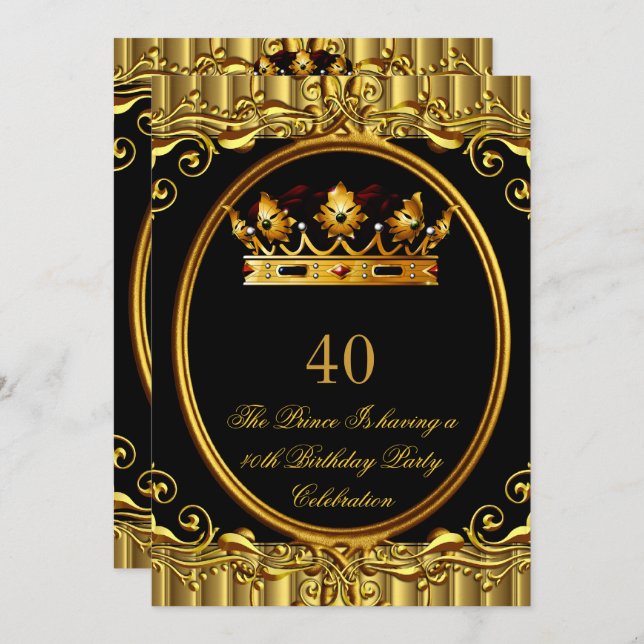 Invitation Prince King Gold Royal Couronne noire Anniversaire (Devant / Derrière)