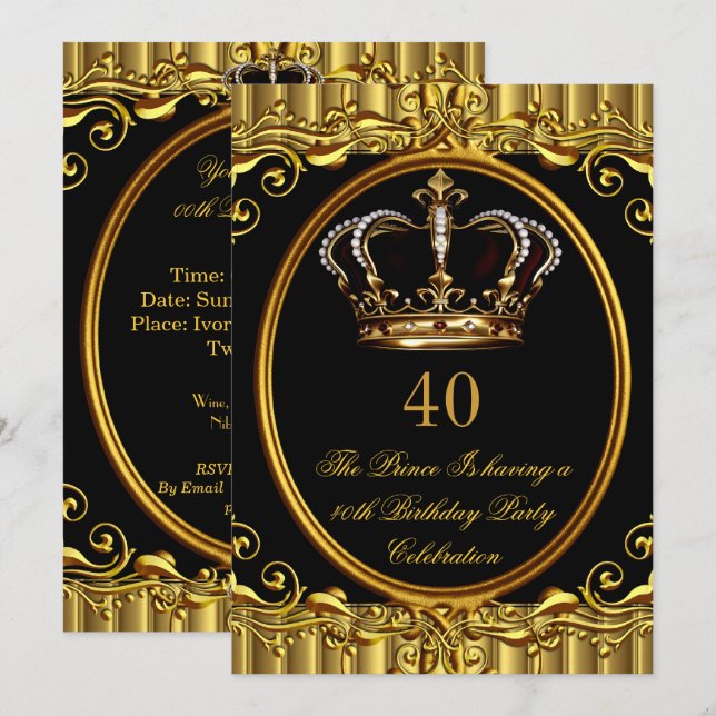 Invitation Prince King Gold Royal Couronne noire Anniversaire (Devant / Derrière)
