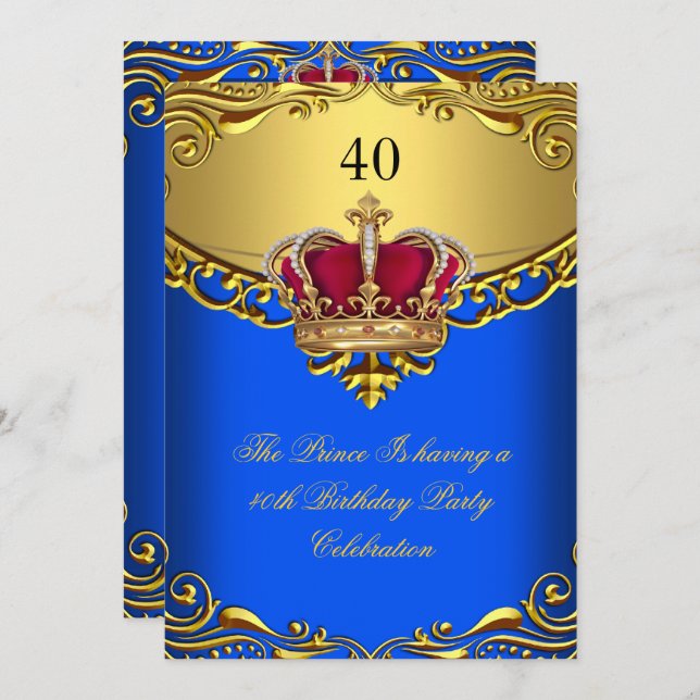 Invitation Prince King Red Gold Royal Blue Crown Anniversaire (Devant / Derrière)