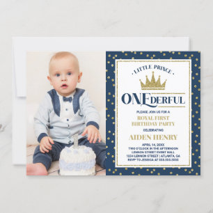 Invitation Prince ONEderful First Birthday Invitation, bleu